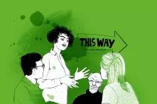 Illustration von vier Menschen vor einem grünen Hintergrund, Pfeil mit der Aufschrift "This Way"
