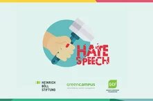 Zeigt eine Hand mit Hammer, die den Schriftzug "Hate Speech" zerstört.