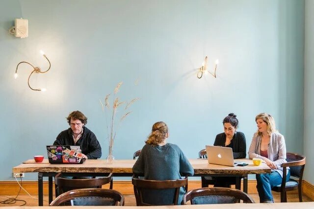 Vier Menschen an einem tisch vor Laptops sitzend, blaue Wand