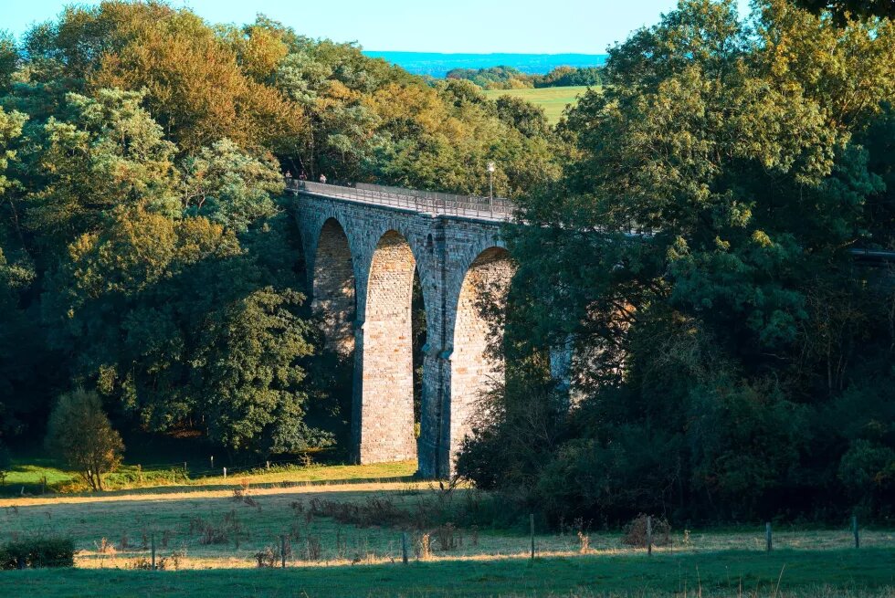 Das Bild zeigt den Rollefbach Viadukt am Vennbahnradweg umringt von Bäumen.